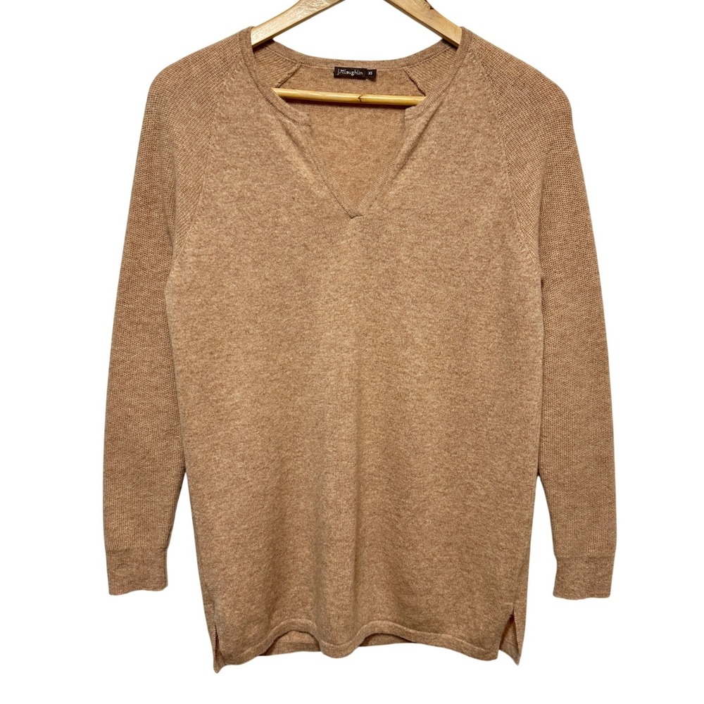 J.McLaughlin 100% Cashmere Sweater Women XS Tan V-Neck Pullover Soft Preppy